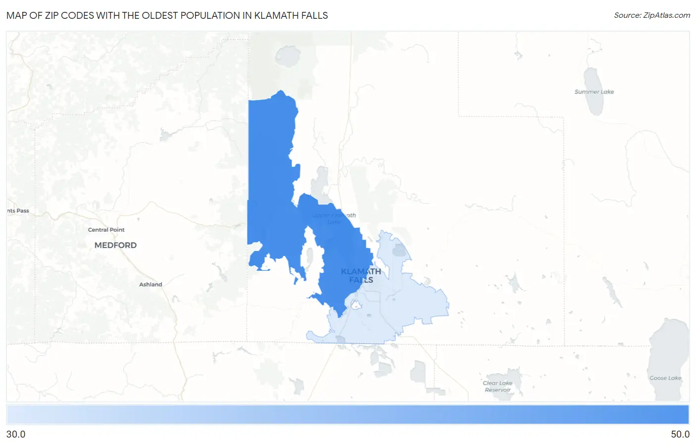 Zip Codes with the Oldest Population in Klamath Falls Map