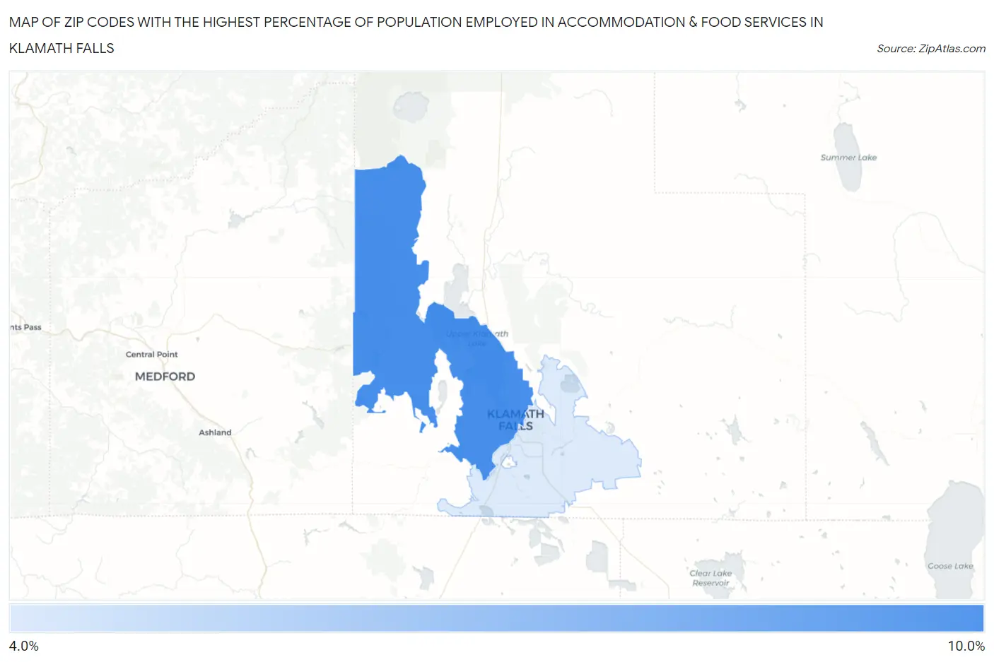 Zip Codes with the Highest Percentage of Population Employed in Accommodation & Food Services in Klamath Falls Map