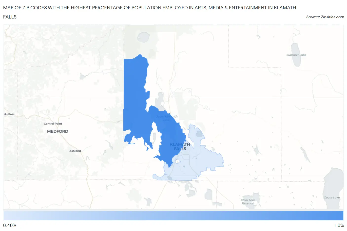 Zip Codes with the Highest Percentage of Population Employed in Arts, Media & Entertainment in Klamath Falls Map