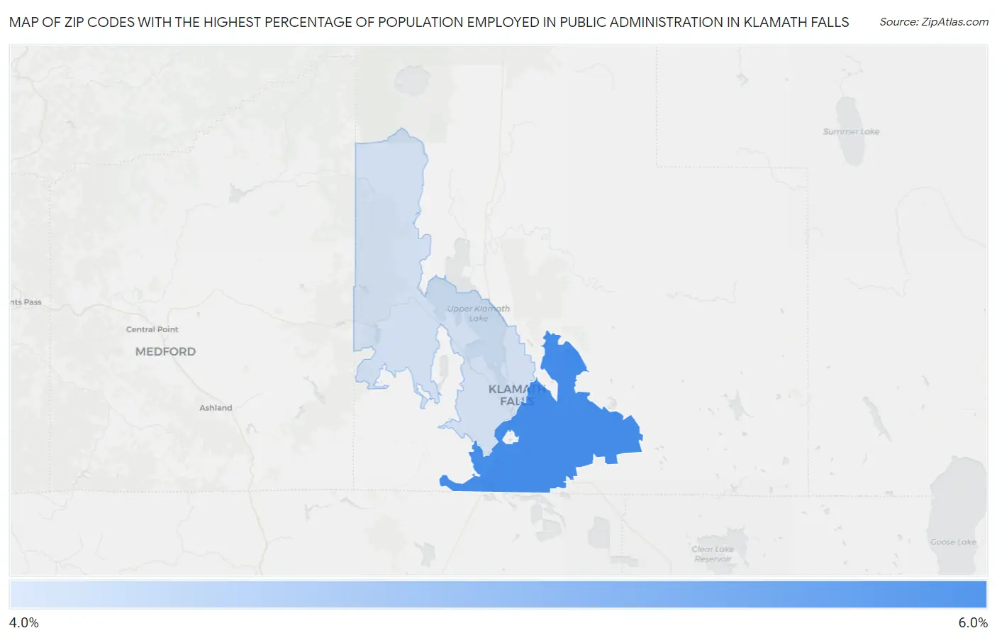 Zip Codes with the Highest Percentage of Population Employed in Public Administration in Klamath Falls Map