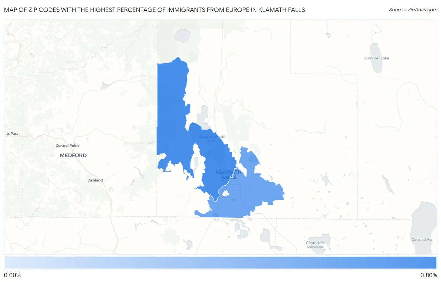 Zip Codes with the Highest Percentage of Immigrants from Europe in Klamath Falls Map