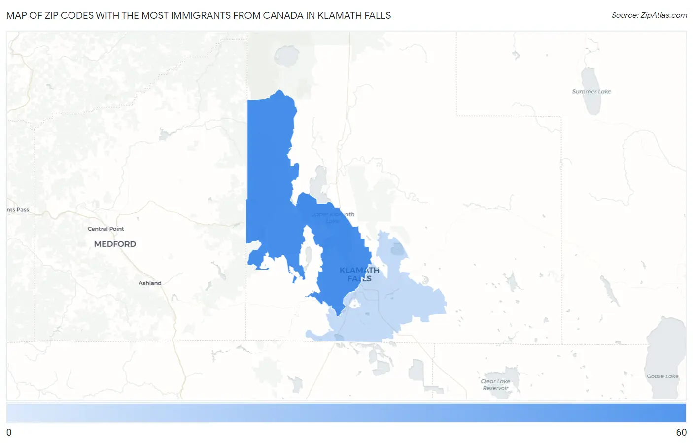 Zip Codes with the Most Immigrants from Canada in Klamath Falls Map