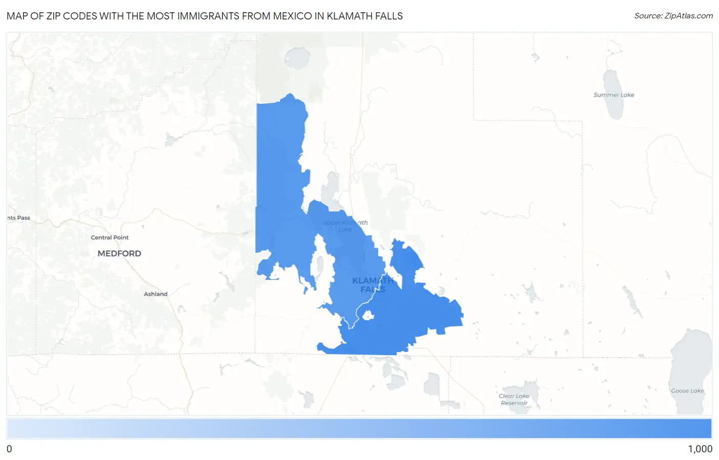 Zip Codes with the Most Immigrants from Mexico in Klamath Falls Map