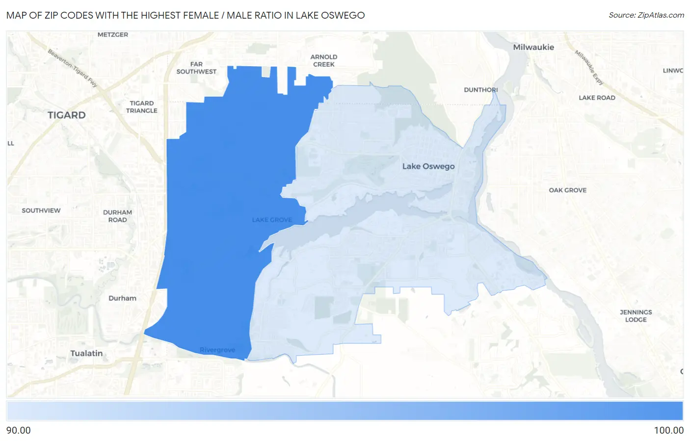 Zip Codes with the Highest Female / Male Ratio in Lake Oswego Map