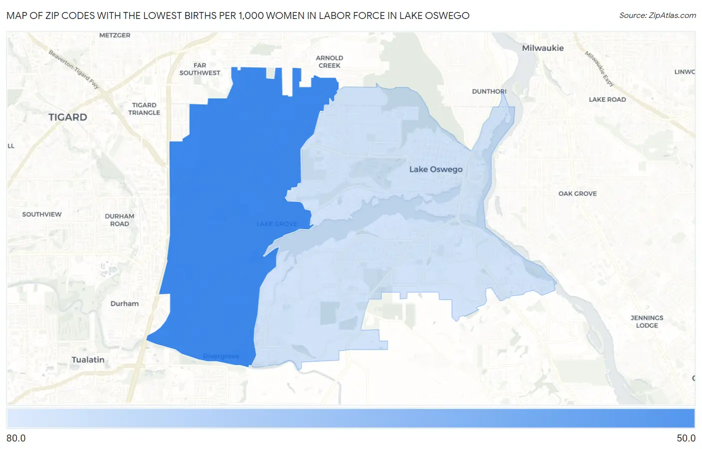 Zip Codes with the Lowest Births per 1,000 Women in Labor Force in Lake Oswego Map