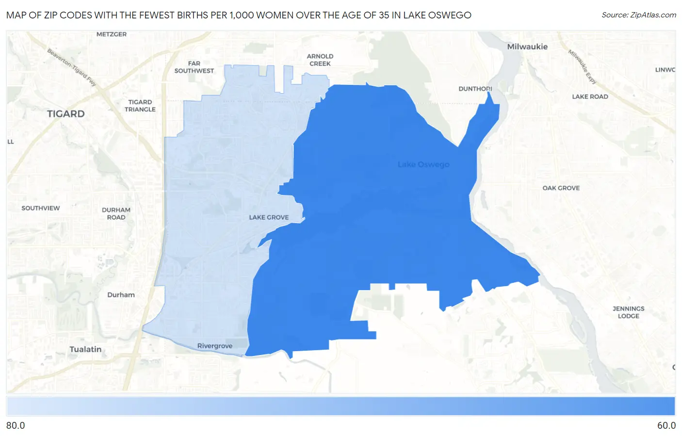 Zip Codes with the Fewest Births per 1,000 Women Over the Age of 35 in Lake Oswego Map
