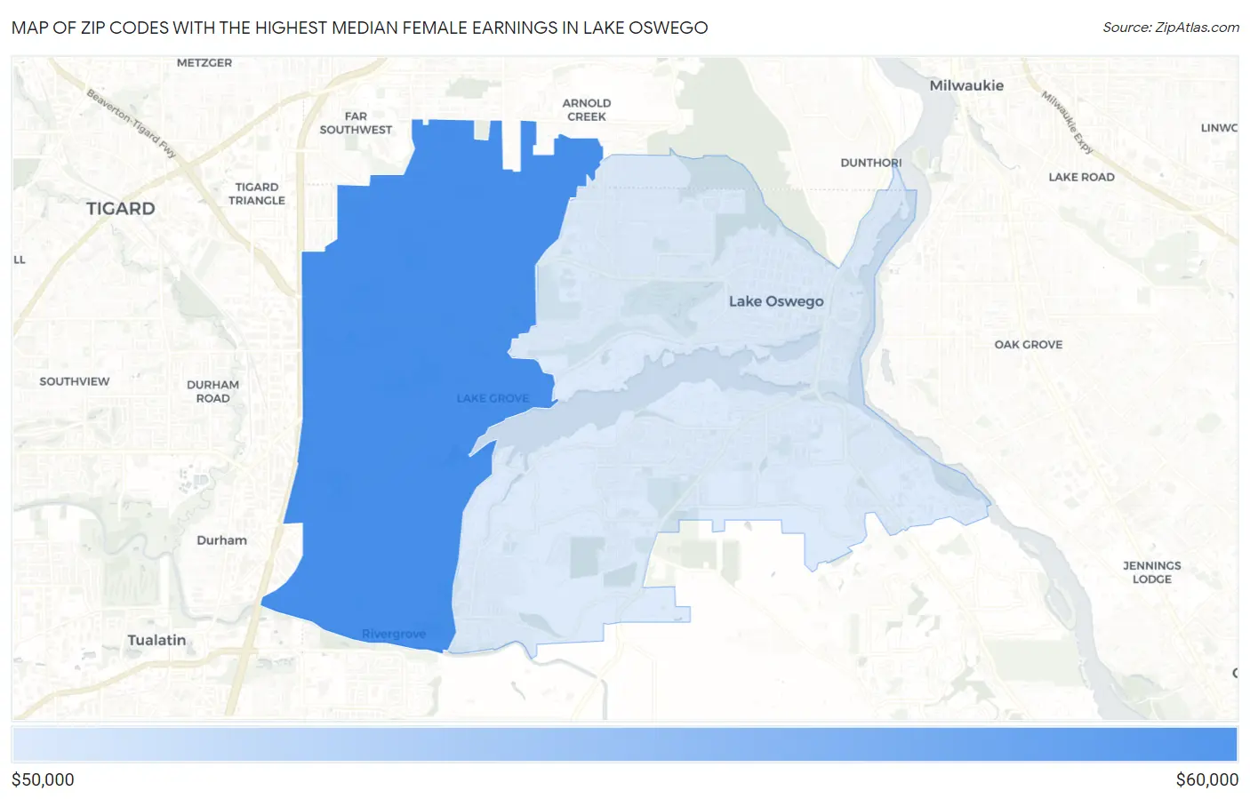 Zip Codes with the Highest Median Female Earnings in Lake Oswego Map