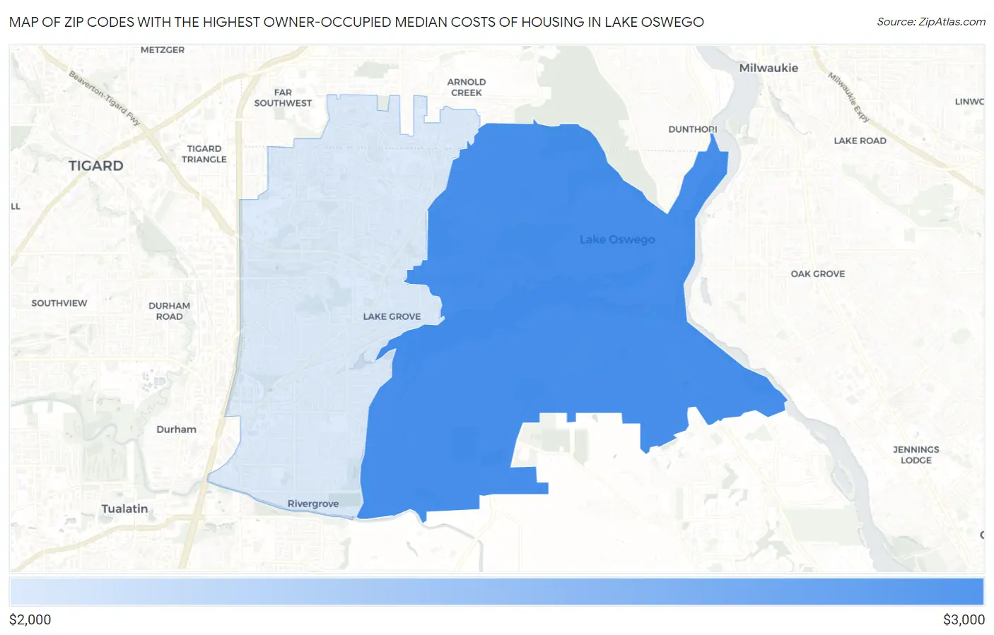 Zip Codes with the Highest Owner-Occupied Median Costs of Housing in Lake Oswego Map