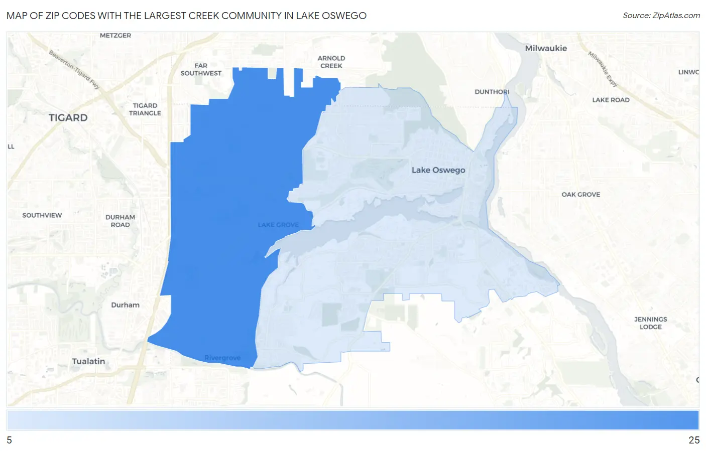 Zip Codes with the Largest Creek Community in Lake Oswego Map