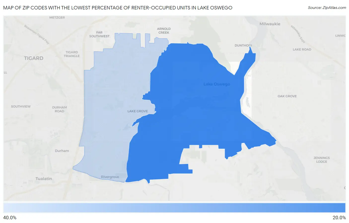 Zip Codes with the Lowest Percentage of Renter-Occupied Units in Lake Oswego Map