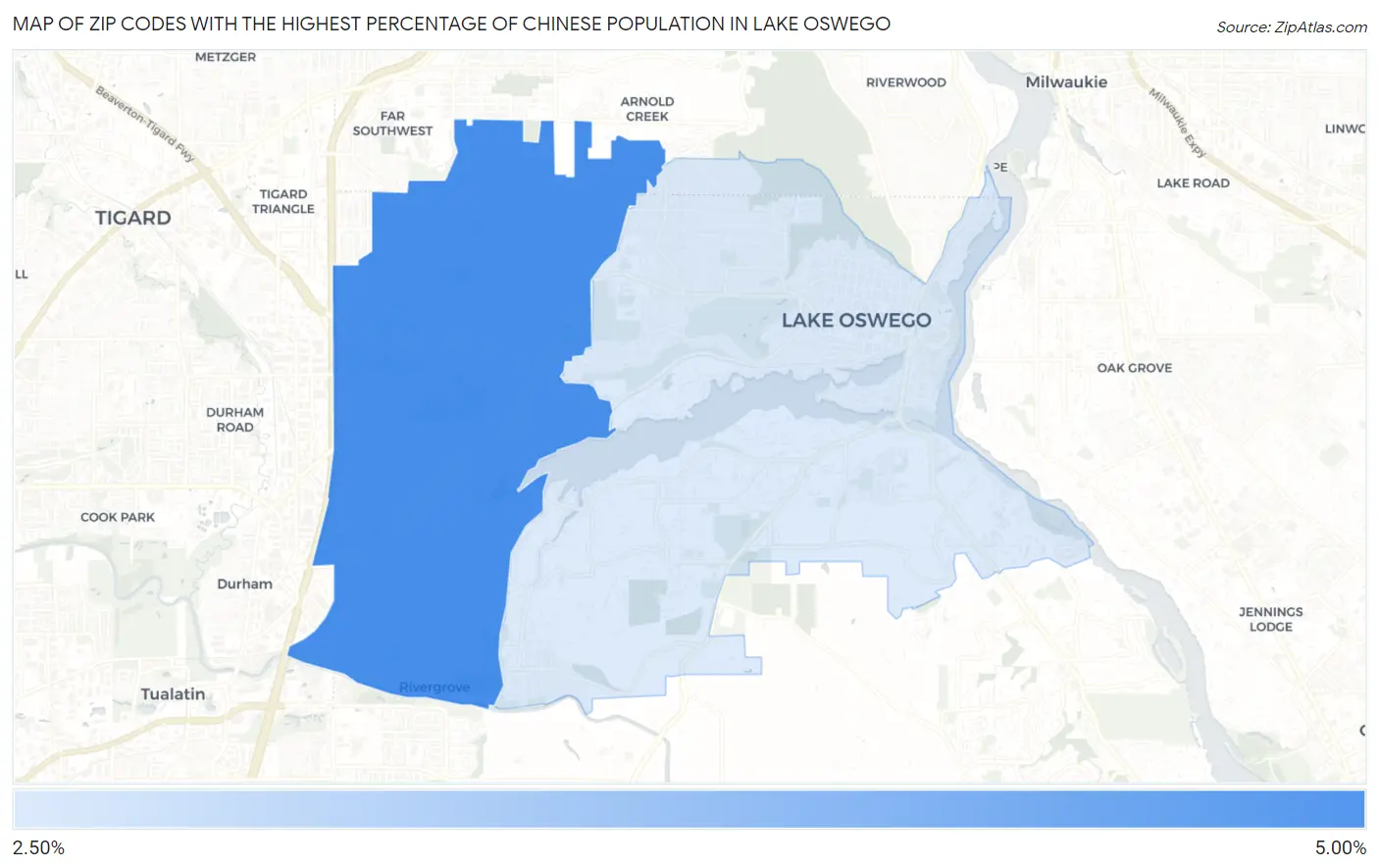 Zip Codes with the Highest Percentage of Chinese Population in Lake Oswego Map