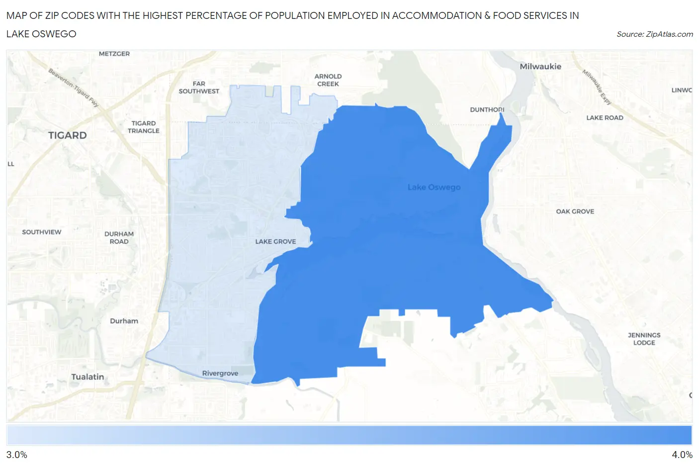 Zip Codes with the Highest Percentage of Population Employed in Accommodation & Food Services in Lake Oswego Map