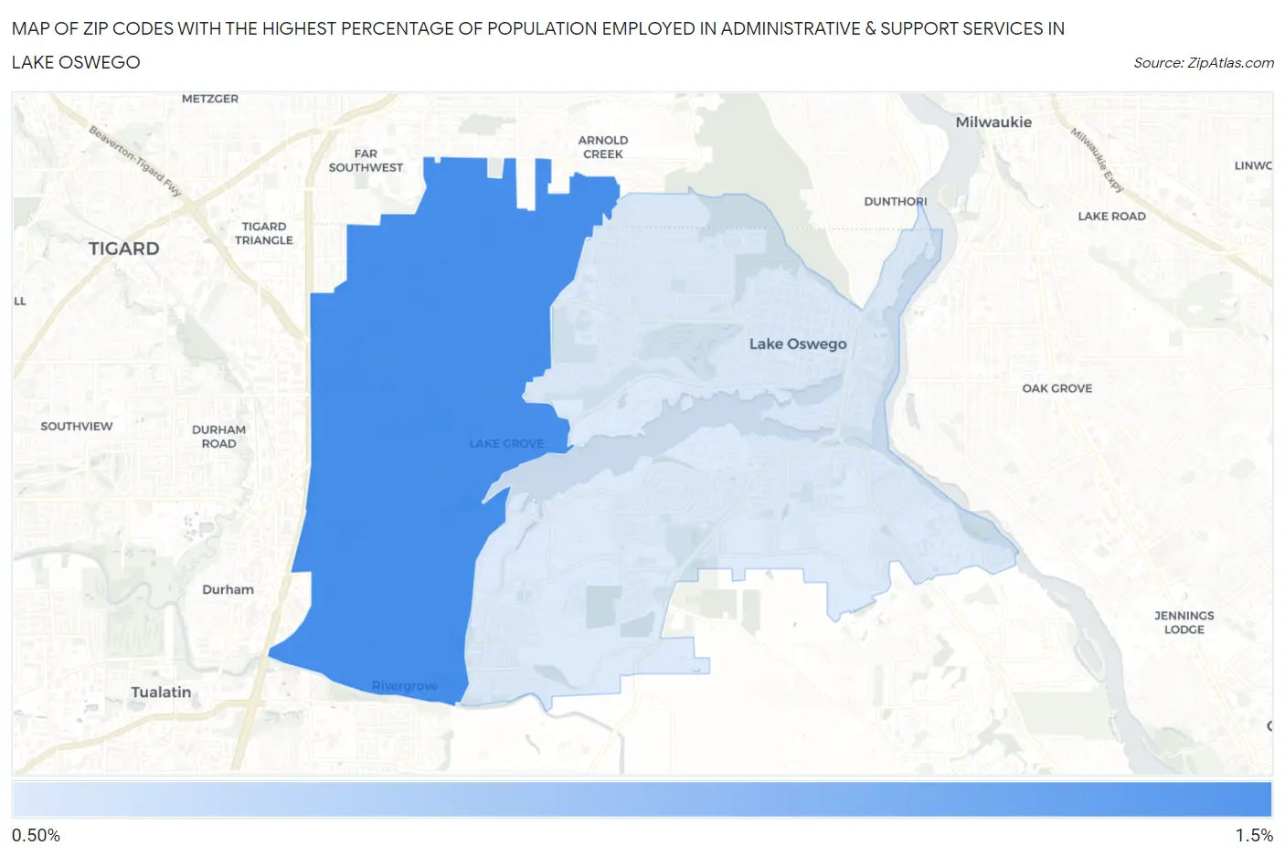 Zip Codes with the Highest Percentage of Population Employed in Administrative & Support Services in Lake Oswego Map