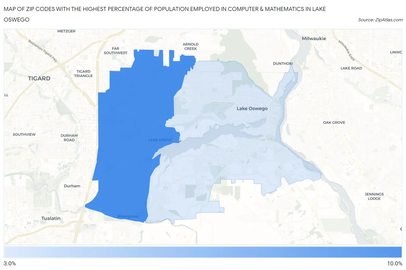 Zip Codes with the Highest Percentage of Population Employed in Computer & Mathematics in Lake Oswego Map