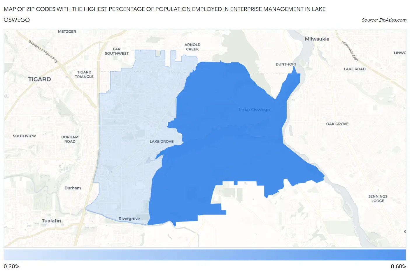 Zip Codes with the Highest Percentage of Population Employed in Enterprise Management in Lake Oswego Map