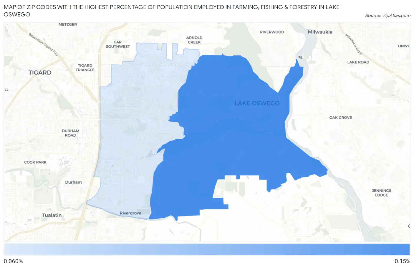 Zip Codes with the Highest Percentage of Population Employed in Farming, Fishing & Forestry in Lake Oswego Map
