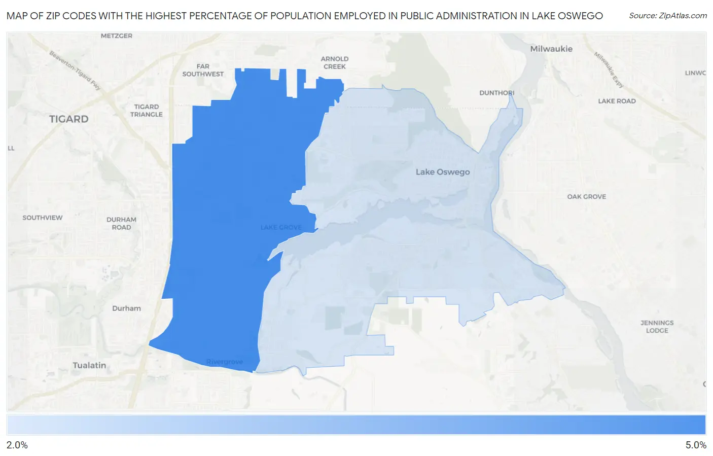 Zip Codes with the Highest Percentage of Population Employed in Public Administration in Lake Oswego Map