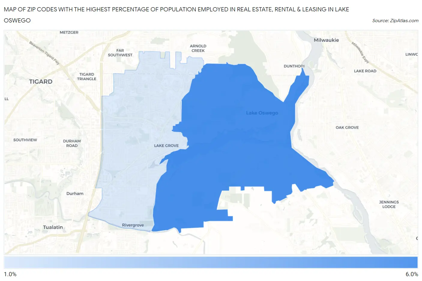 Zip Codes with the Highest Percentage of Population Employed in Real Estate, Rental & Leasing in Lake Oswego Map