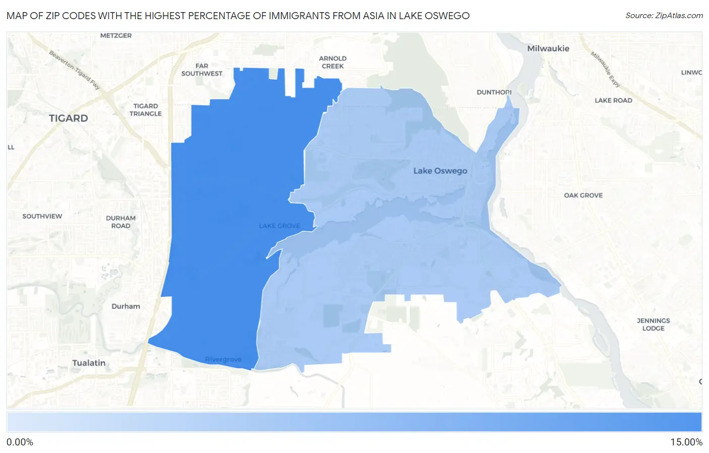 Zip Codes with the Highest Percentage of Immigrants from Asia in Lake Oswego Map