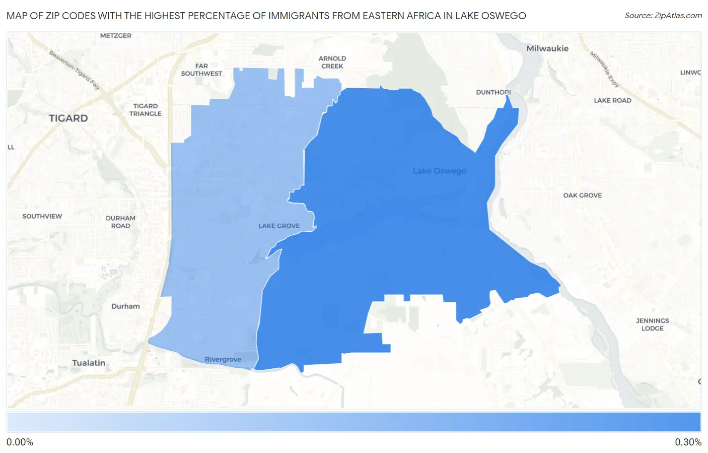 Zip Codes with the Highest Percentage of Immigrants from Eastern Africa in Lake Oswego Map