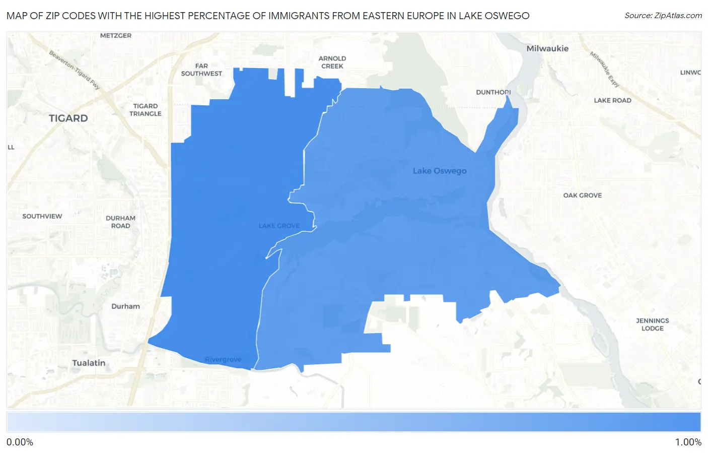 Zip Codes with the Highest Percentage of Immigrants from Eastern Europe in Lake Oswego Map