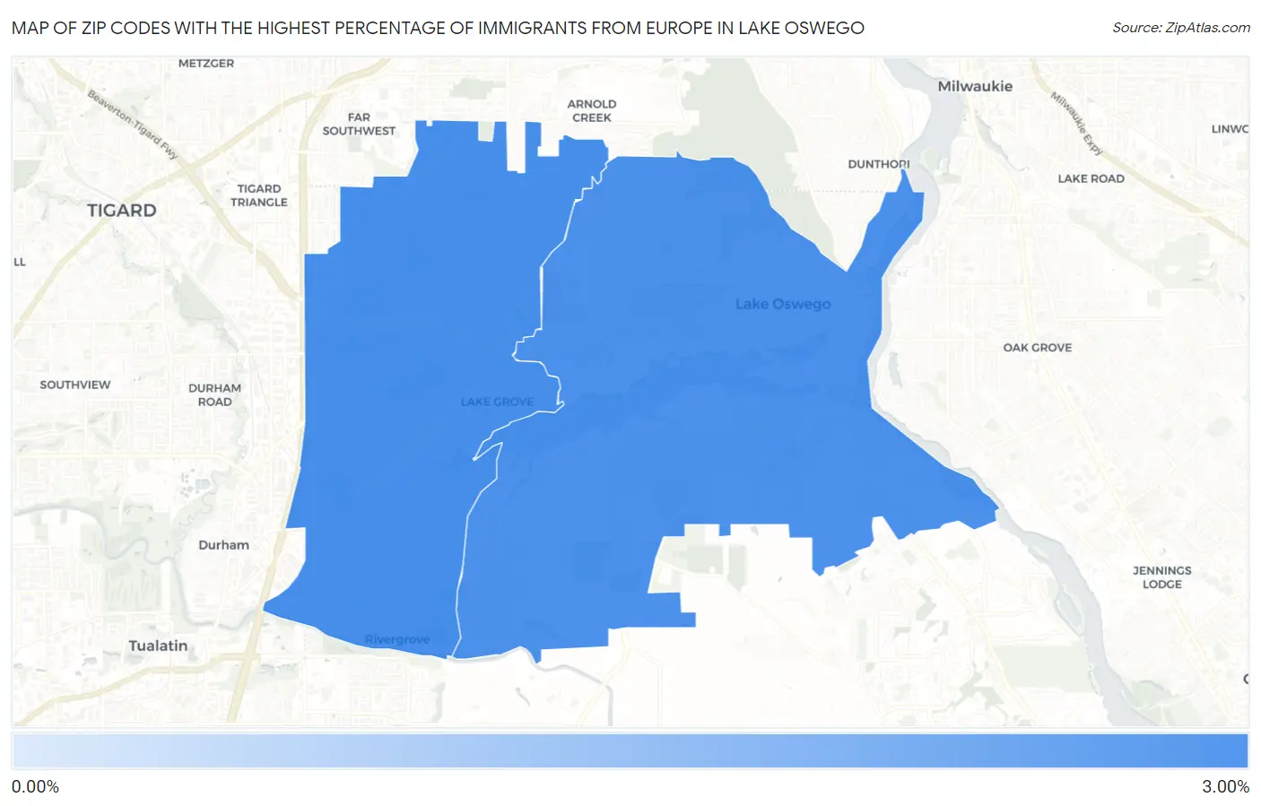 Zip Codes with the Highest Percentage of Immigrants from Europe in Lake Oswego Map