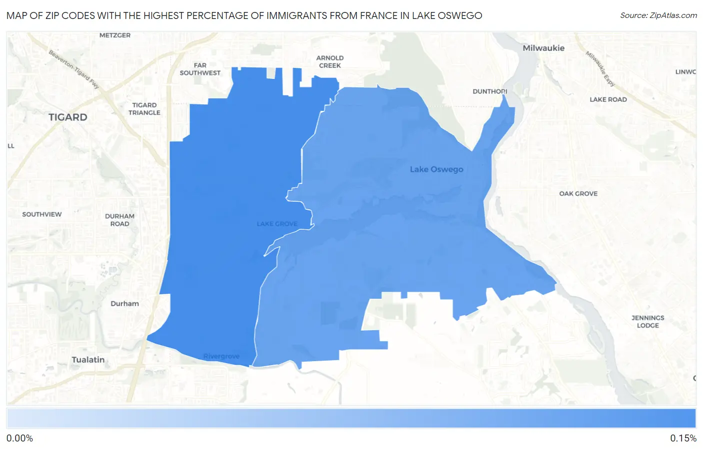 Zip Codes with the Highest Percentage of Immigrants from France in Lake Oswego Map