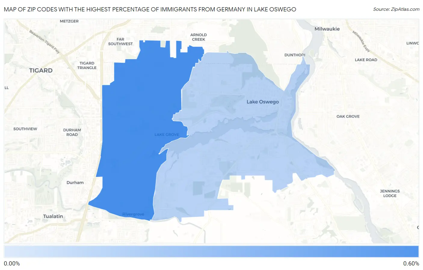 Zip Codes with the Highest Percentage of Immigrants from Germany in Lake Oswego Map
