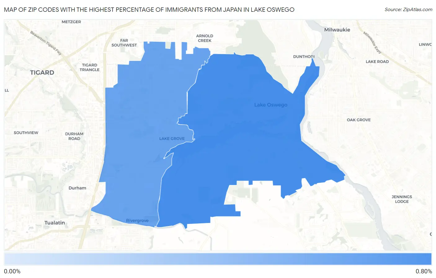 Zip Codes with the Highest Percentage of Immigrants from Japan in Lake Oswego Map