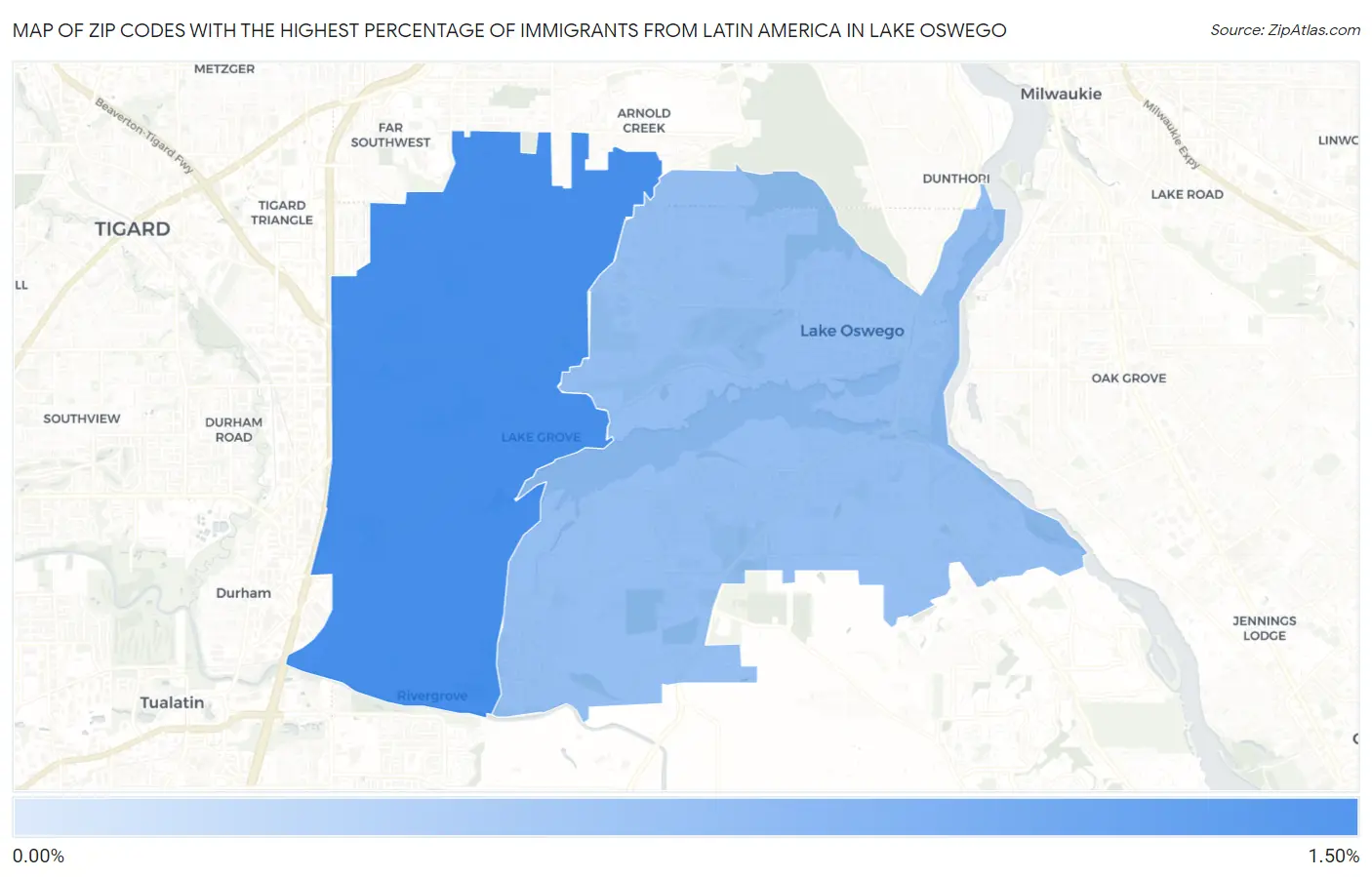 Zip Codes with the Highest Percentage of Immigrants from Latin America in Lake Oswego Map