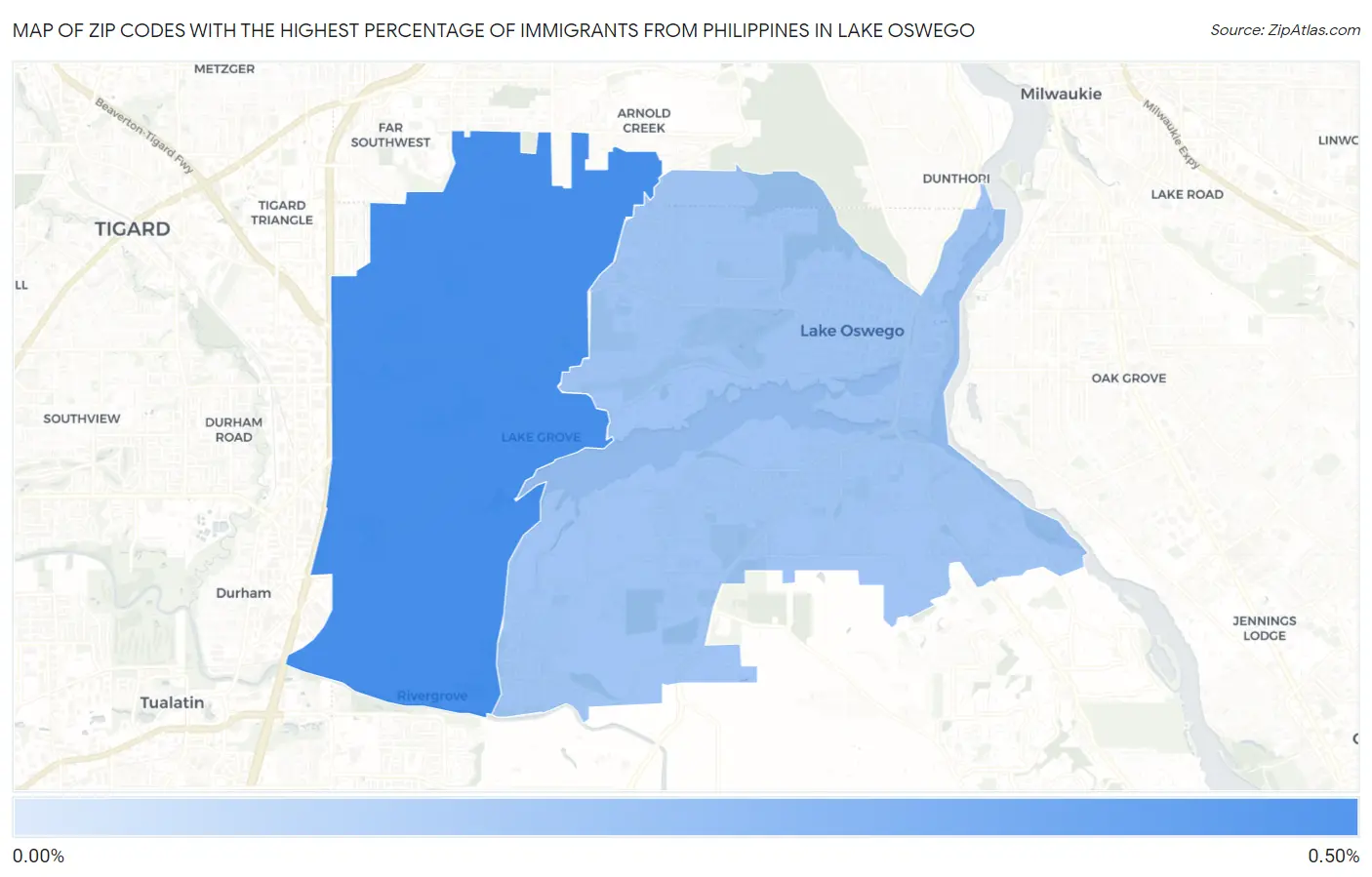 Zip Codes with the Highest Percentage of Immigrants from Philippines in Lake Oswego Map