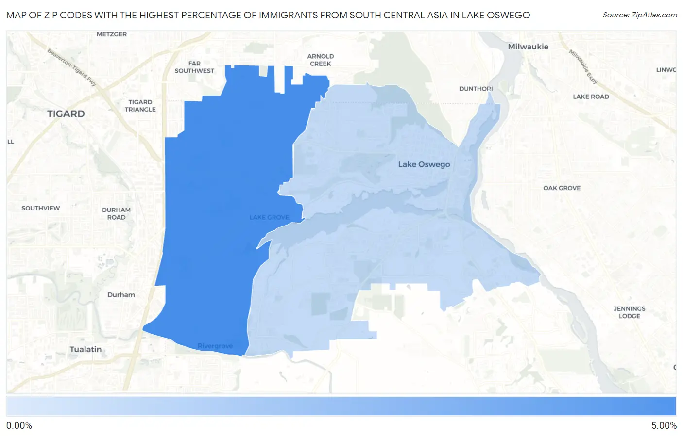Zip Codes with the Highest Percentage of Immigrants from South Central Asia in Lake Oswego Map