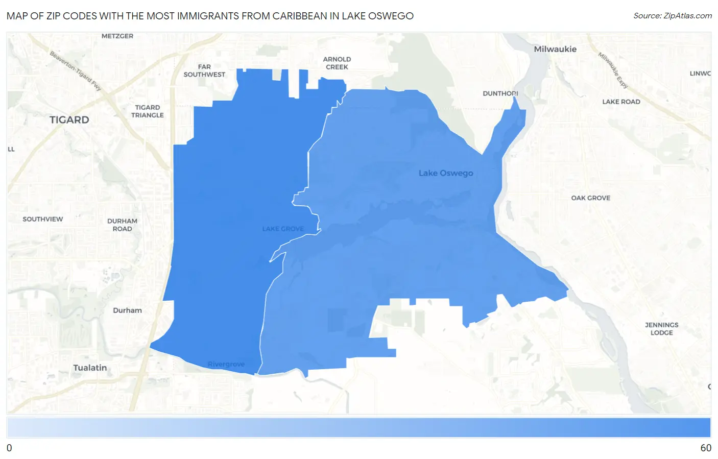 Zip Codes with the Most Immigrants from Caribbean in Lake Oswego Map