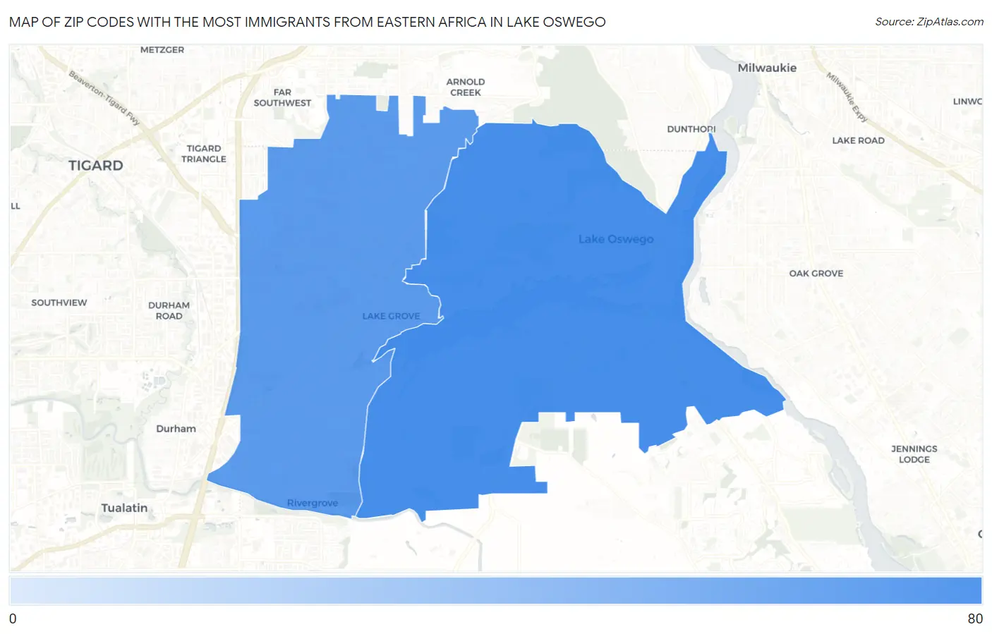 Zip Codes with the Most Immigrants from Eastern Africa in Lake Oswego Map