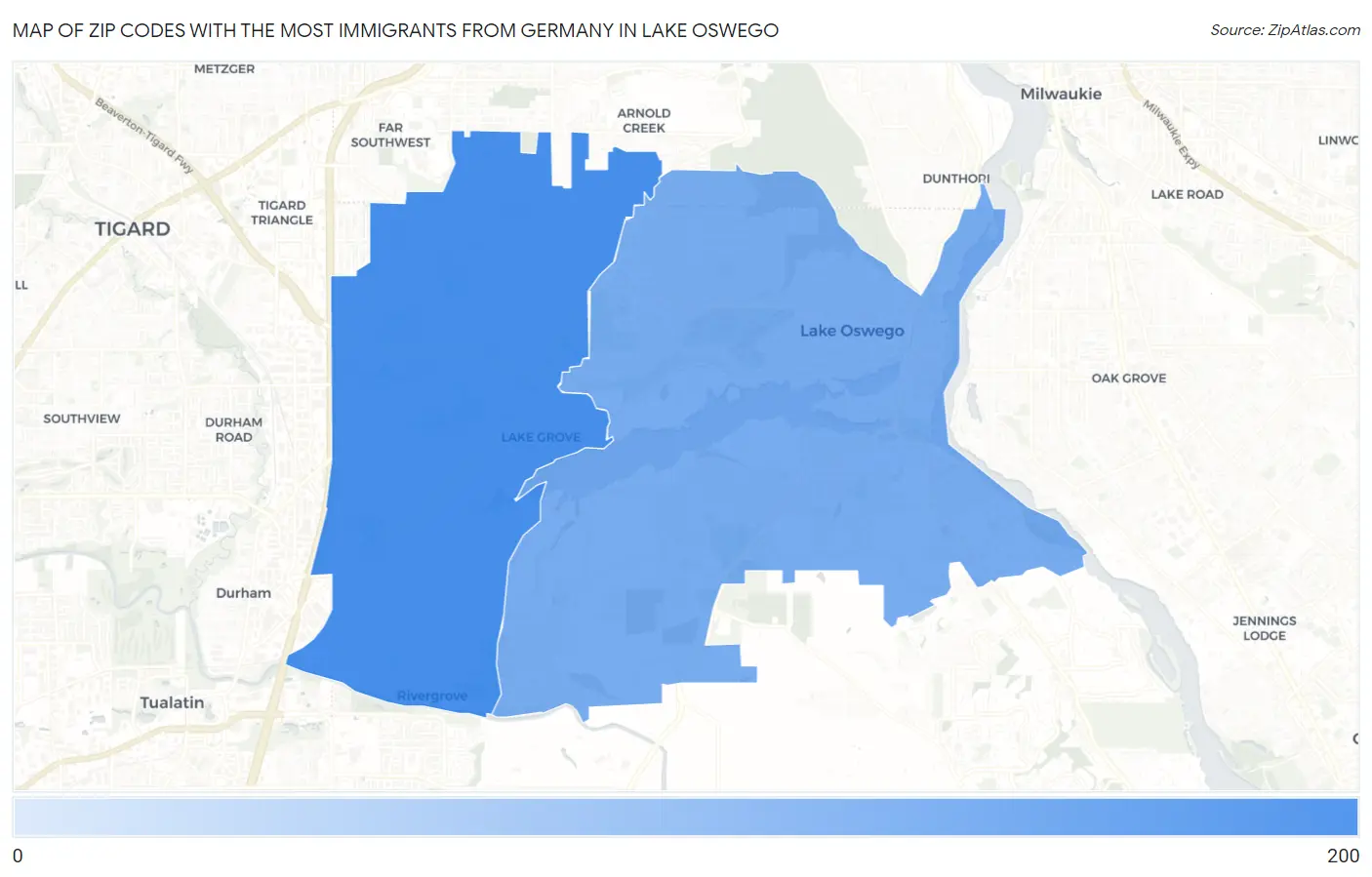 Zip Codes with the Most Immigrants from Germany in Lake Oswego Map