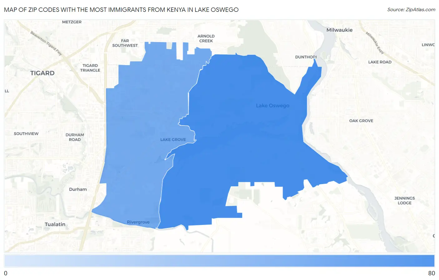 Zip Codes with the Most Immigrants from Kenya in Lake Oswego Map