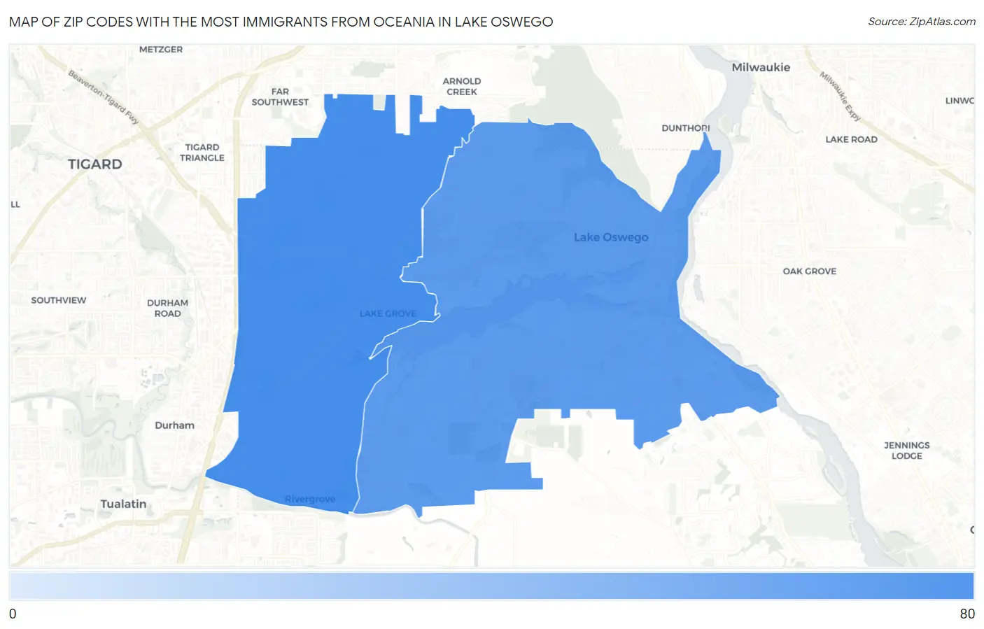 Zip Codes with the Most Immigrants from Oceania in Lake Oswego Map