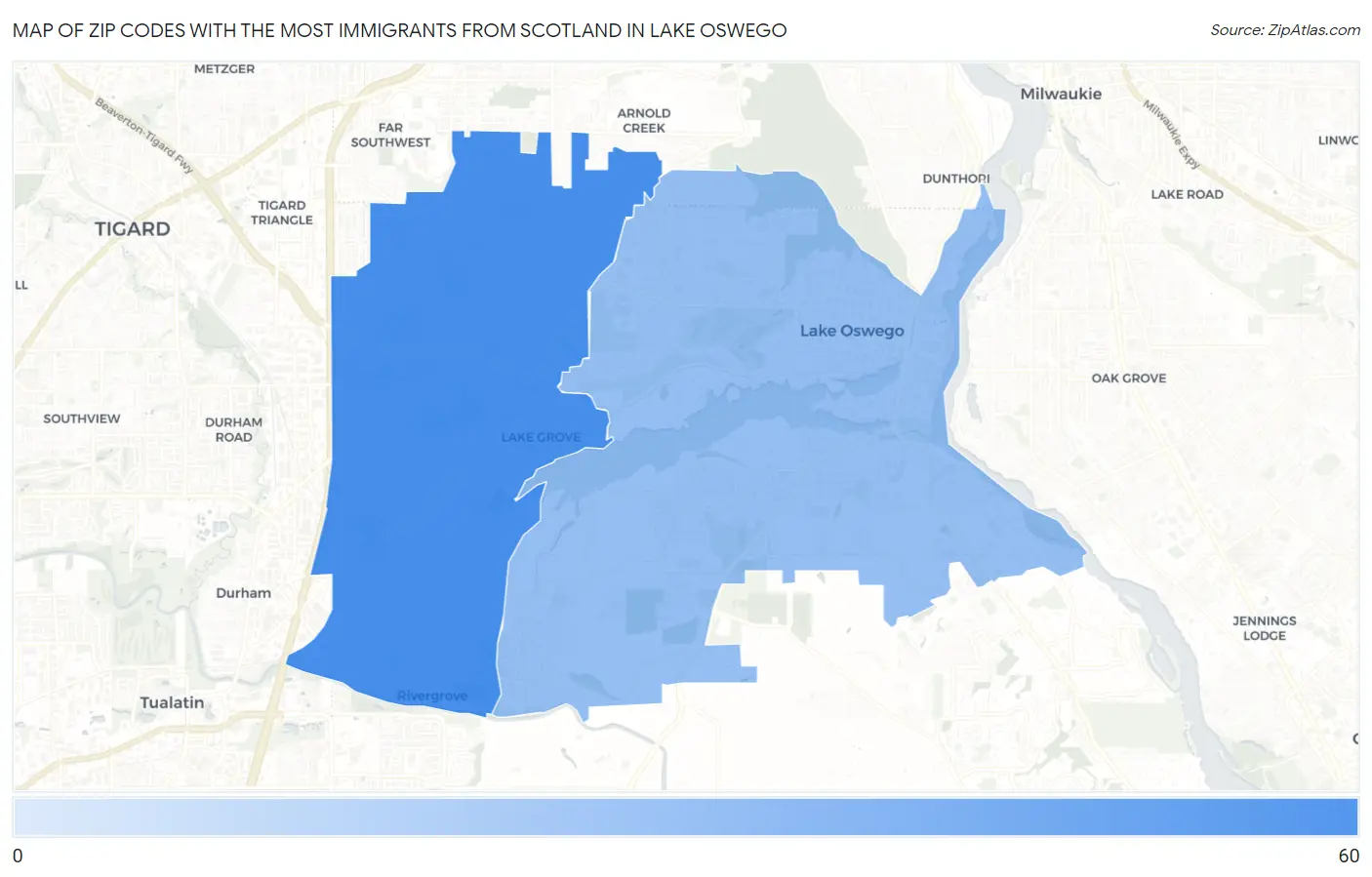 Zip Codes with the Most Immigrants from Scotland in Lake Oswego Map