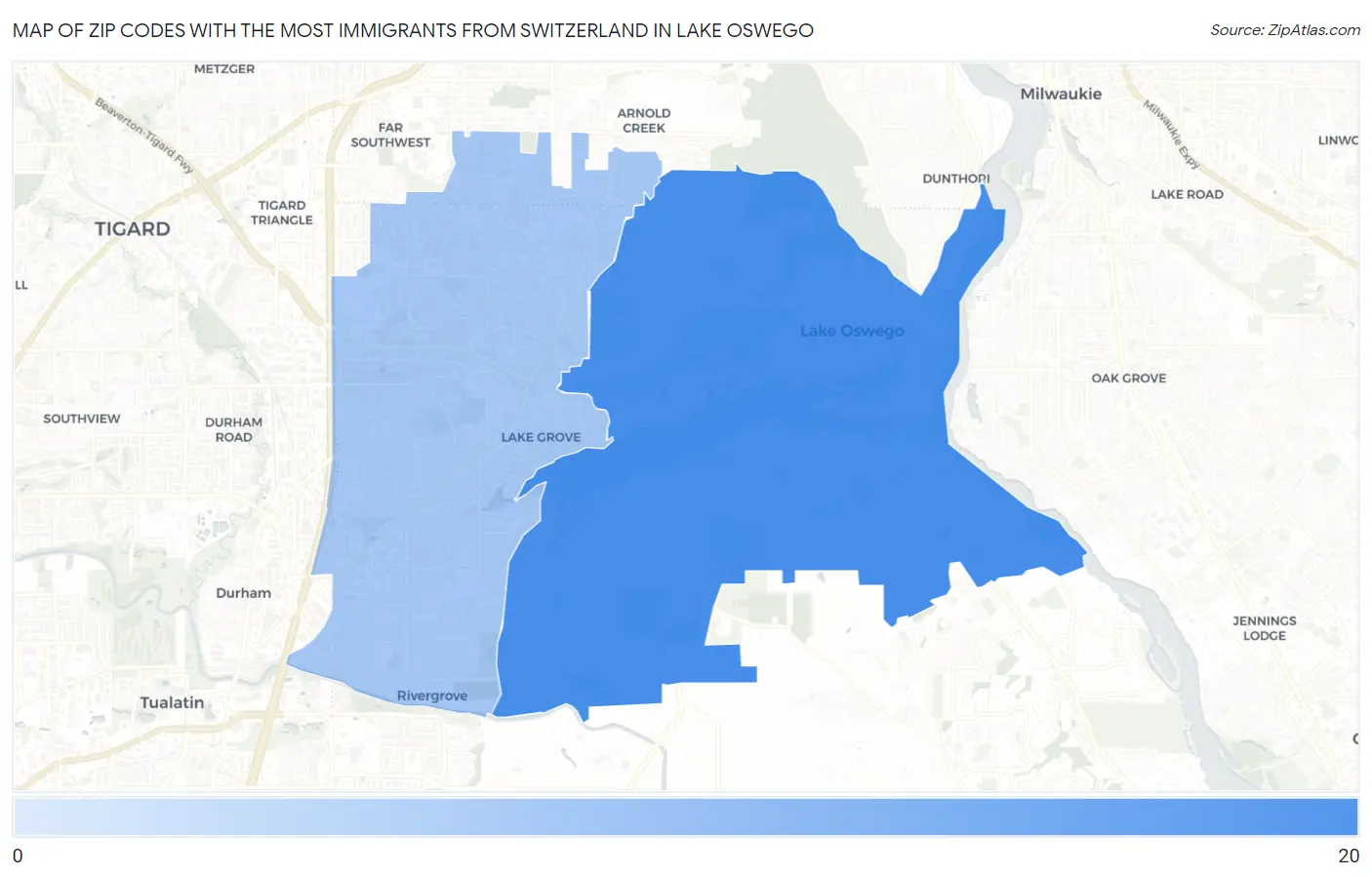 Zip Codes with the Most Immigrants from Switzerland in Lake Oswego Map