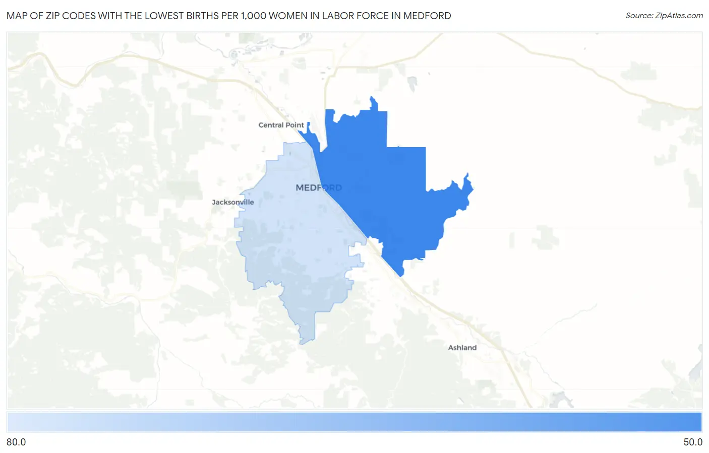 Zip Codes with the Lowest Births per 1,000 Women in Labor Force in Medford Map