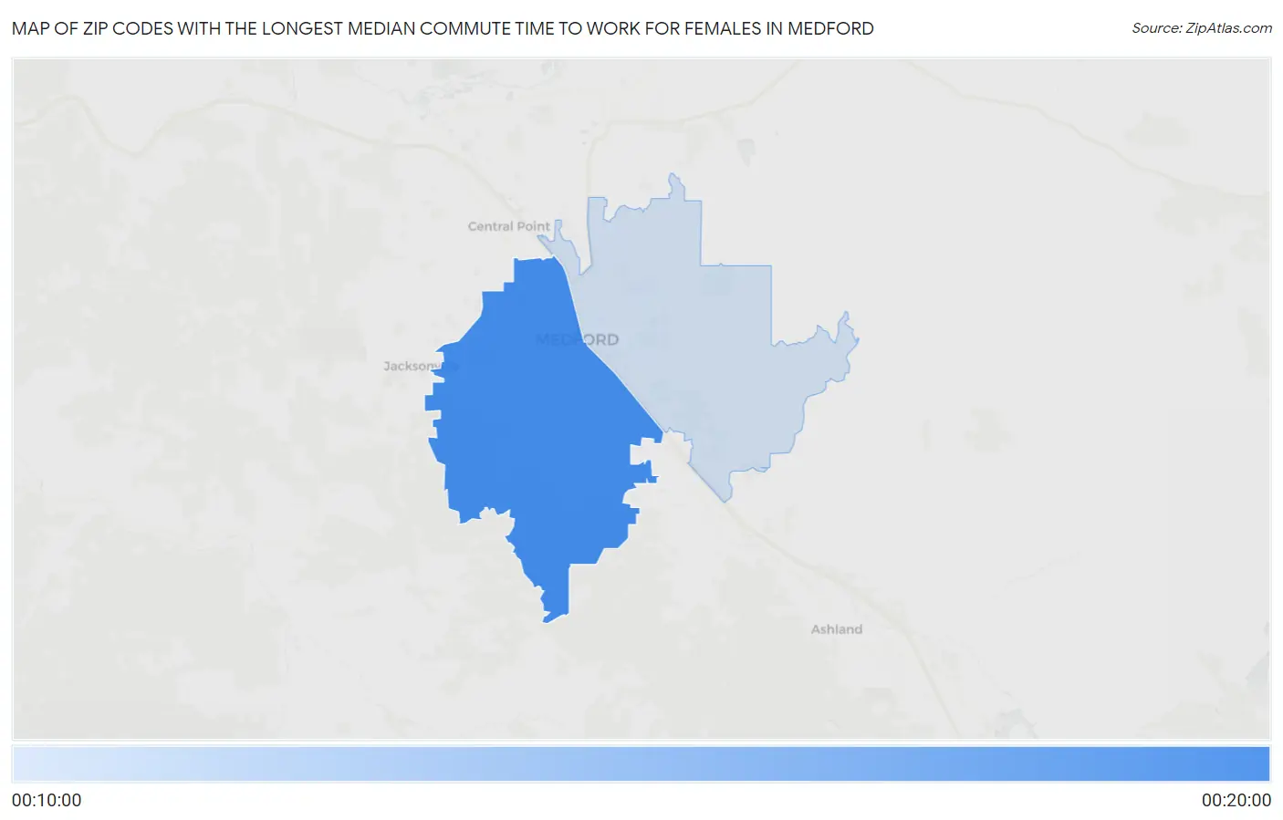 Zip Codes with the Longest Median Commute Time to Work for Females in Medford Map