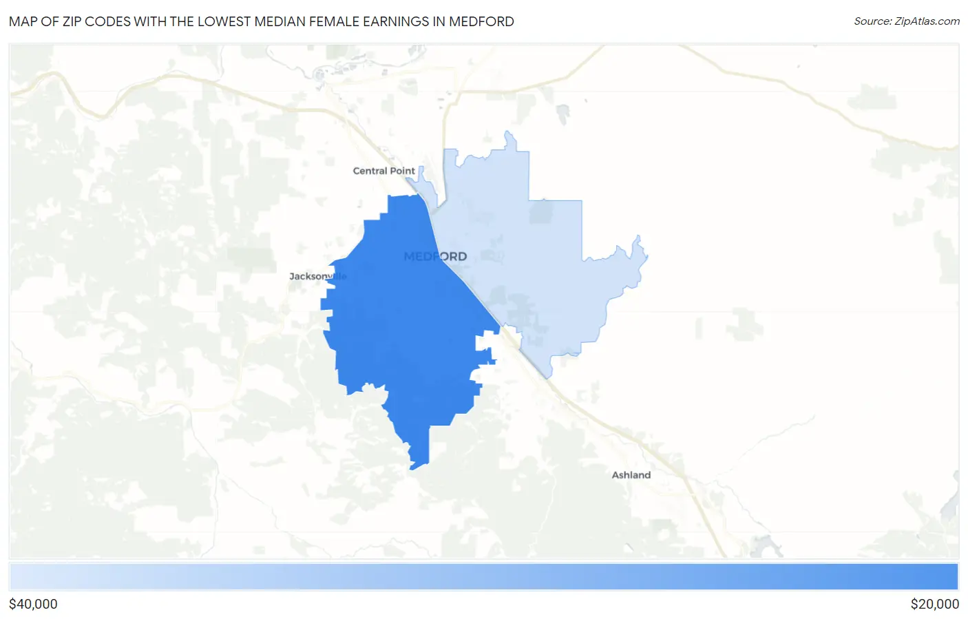 Zip Codes with the Lowest Median Female Earnings in Medford Map