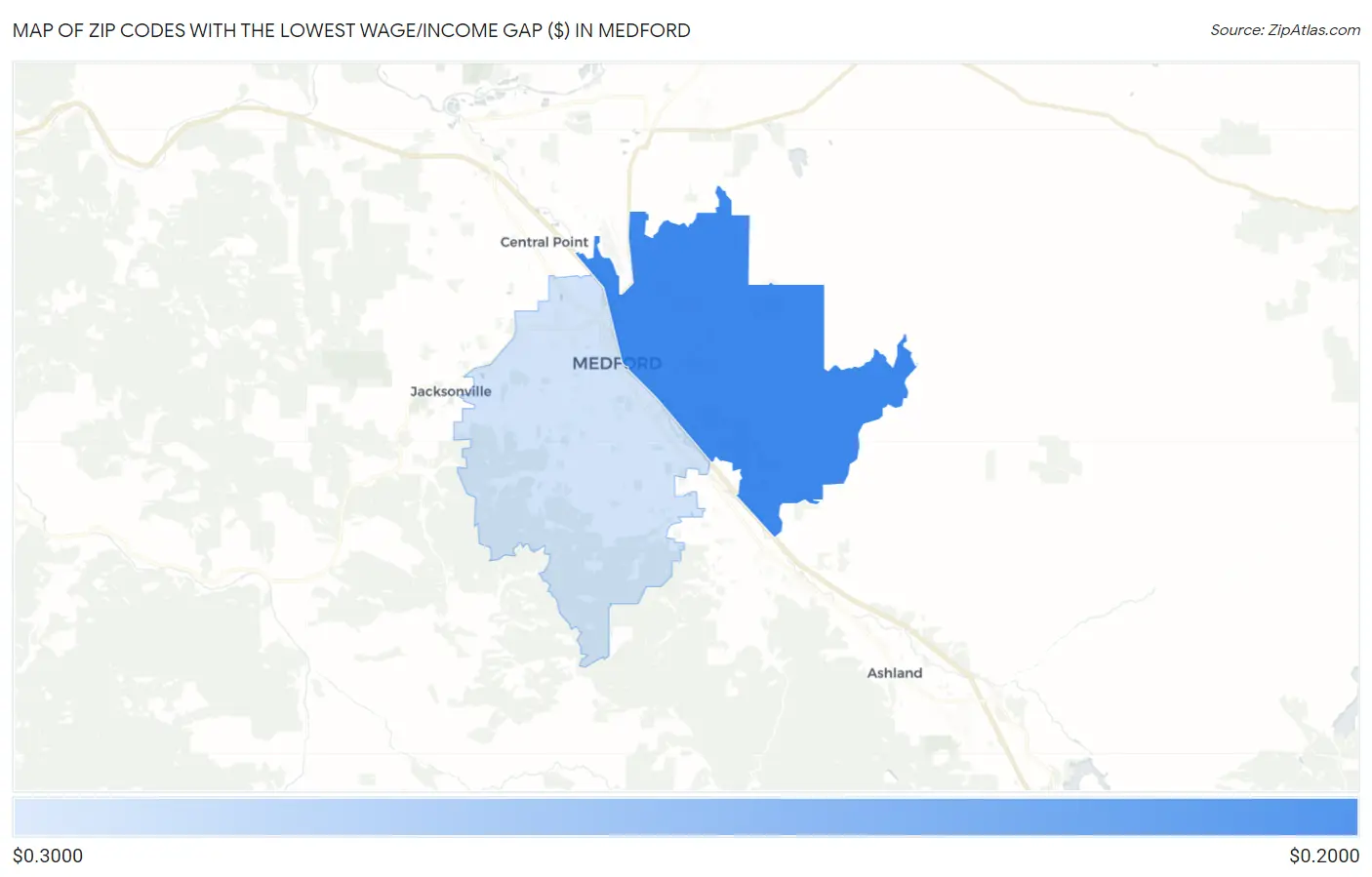 Zip Codes with the Lowest Wage/Income Gap ($) in Medford Map