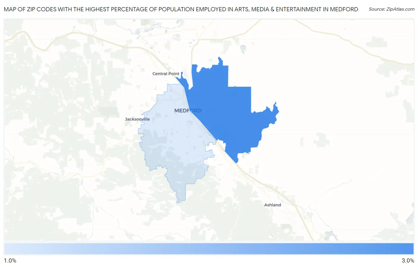 Zip Codes with the Highest Percentage of Population Employed in Arts, Media & Entertainment in Medford Map