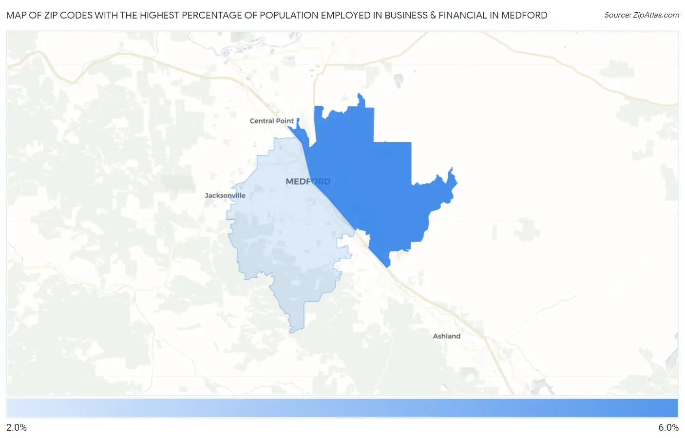 Zip Codes with the Highest Percentage of Population Employed in Business & Financial in Medford Map