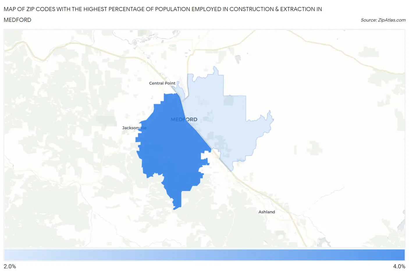Zip Codes with the Highest Percentage of Population Employed in Construction & Extraction in Medford Map