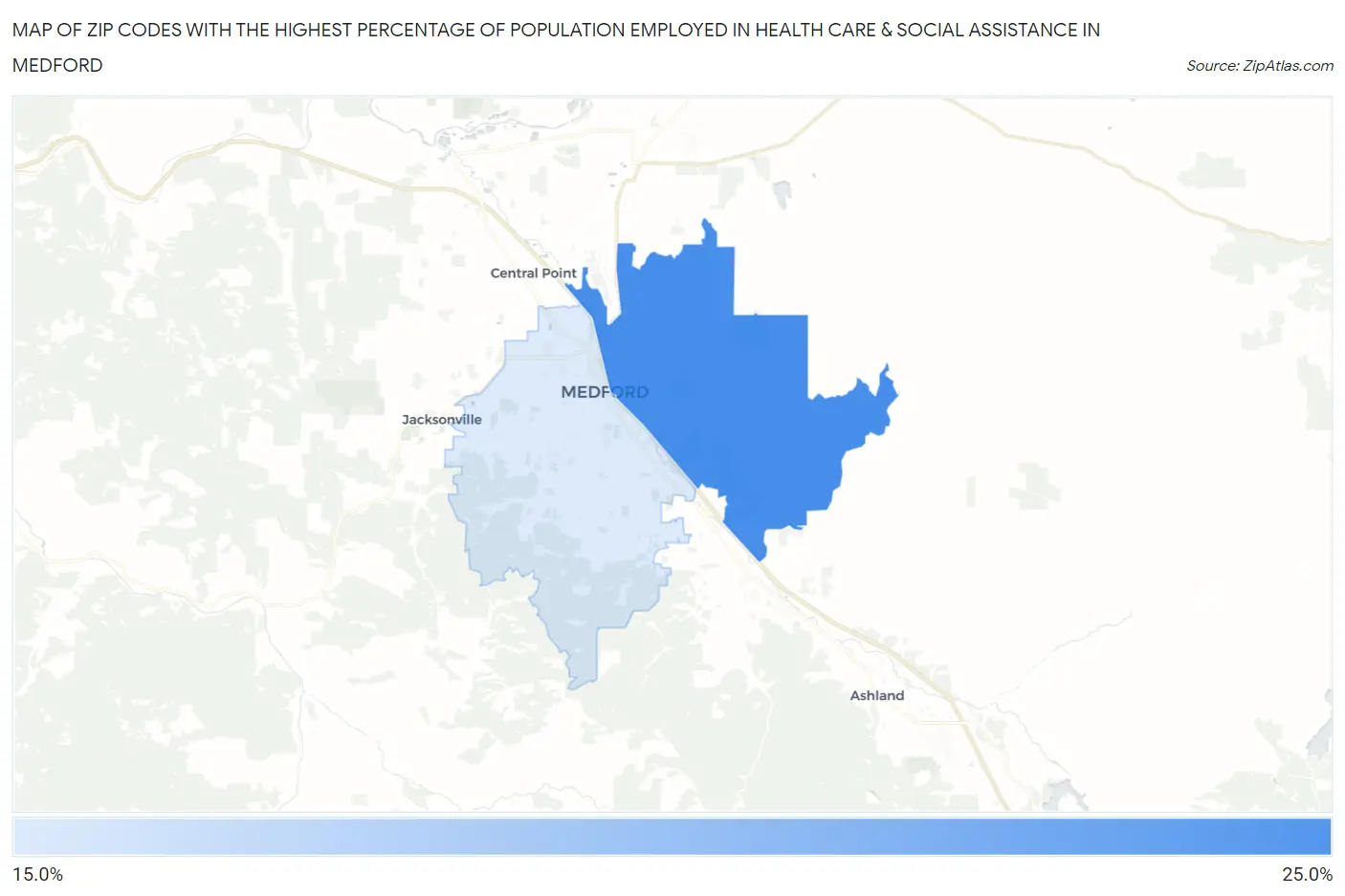 Zip Codes with the Highest Percentage of Population Employed in Health Care & Social Assistance in Medford Map
