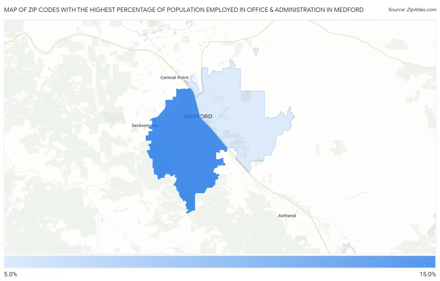 Zip Codes with the Highest Percentage of Population Employed in Office & Administration in Medford Map