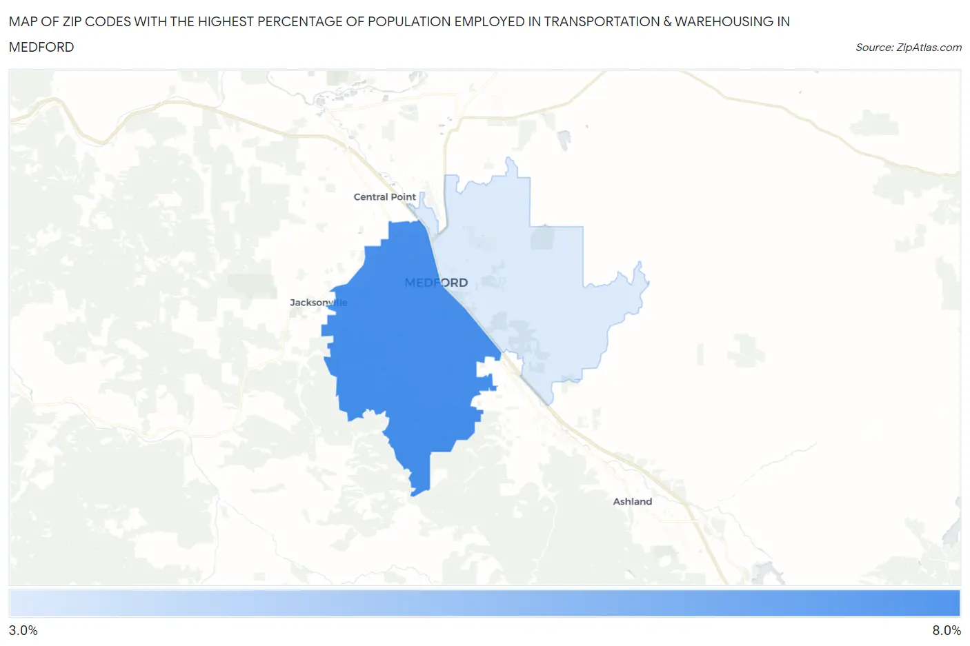 Zip Codes with the Highest Percentage of Population Employed in Transportation & Warehousing in Medford Map