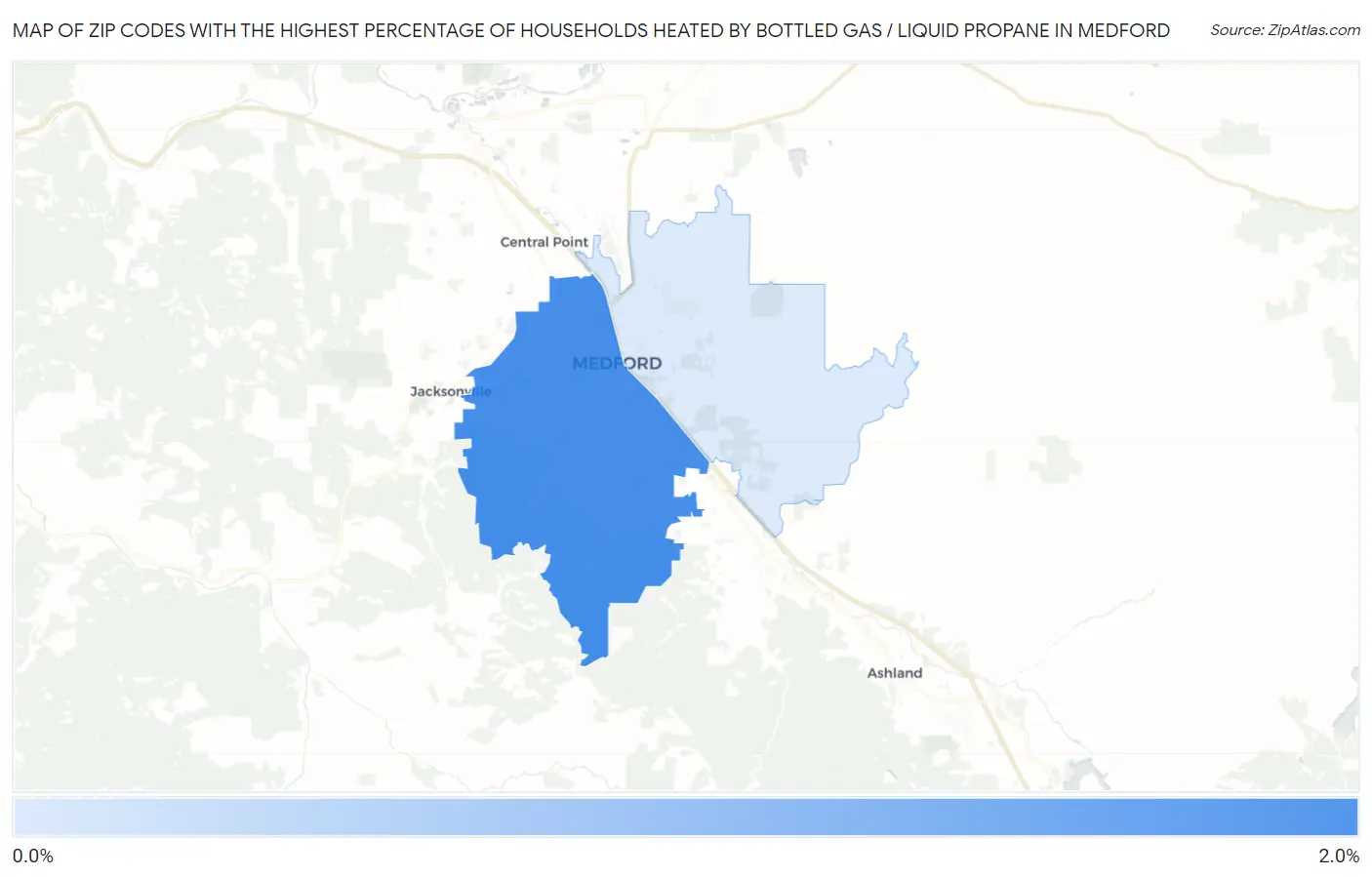 Zip Codes with the Highest Percentage of Households Heated by Bottled Gas / Liquid Propane in Medford Map